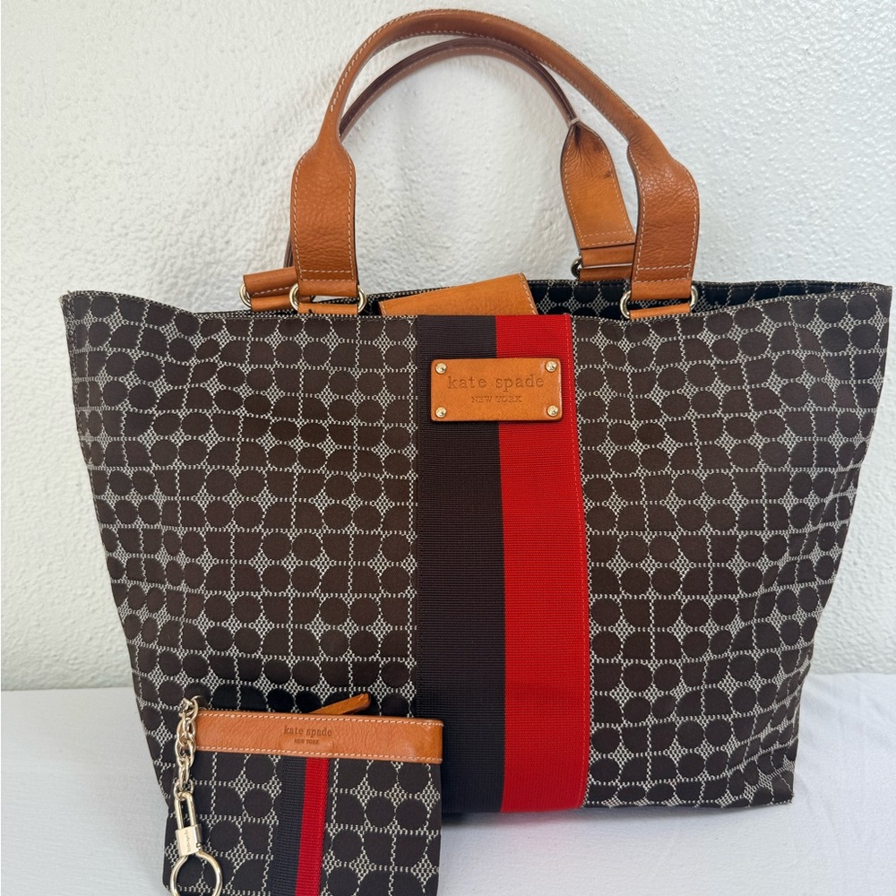 KATE SPADE NY Vintage 90’s Dot Noel ToteBag Key Fob Coin Wallet Brown Red